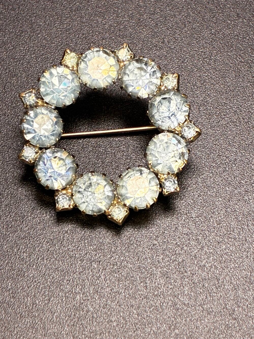 Vintage Light Blue Rhinestone Wreath Circle Brooch